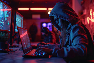 A teenage gamer in a hood is playing at a gaming laptop. A teenage girl or a boy in a hood is a hacker, - obrazy, fototapety, plakaty