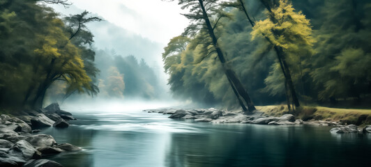 Tranquil river with autumn trees in a misty forest at dawn