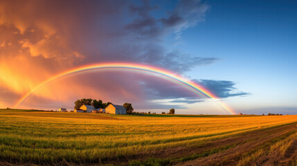 Beauty rainbow in storm cloud above autumn field landscape. Weather, nature background.