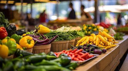 Fresh assorted vegetables on display at local farmers market stall