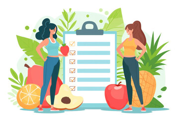 Diet plan checklist. People doing exercise, training and planning diet with fruit and vegetable. - obrazy, fototapety, plakaty