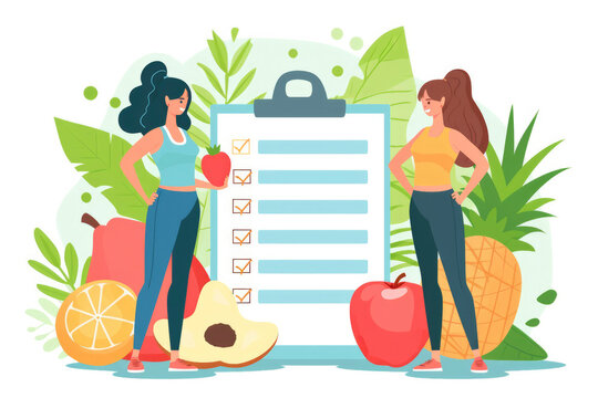 Diet plan checklist. People doing exercise, training and planning diet with fruit and vegetable.