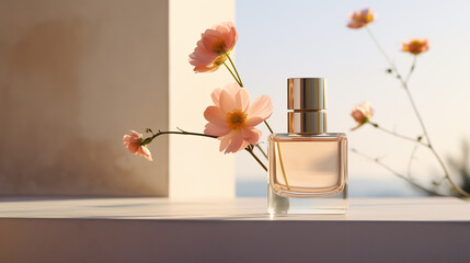 bottle of perfume and beautiful flowers near window on white blurred background
