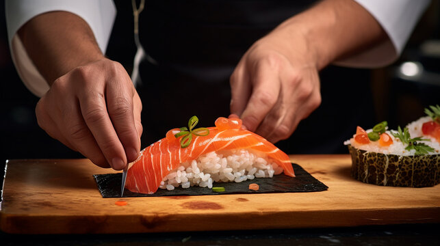close up of hands of professional chef preparing sushi and rolls in restaurant kitchen.Generative AI