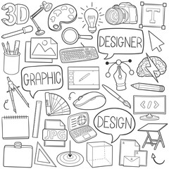 Graphic Designer Doodle Icons Black and White Line Art. Illustrator Clipart Hand Drawn Symbol Design.