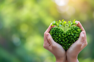 Naklejka na ściany i meble Hands holding green heart shaped plant. World Environment Day.