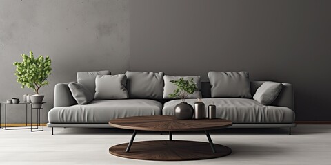 Gray sofa and round coffee table in the living room.