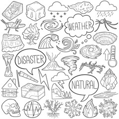 Natural Disaster Doodle Icons Black and White Line Art. Weather Clipart Hand Drawn Symbol Design.