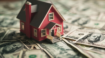 3D house model sitting on top of pile of dollar bills on an isolated background, AI Generated