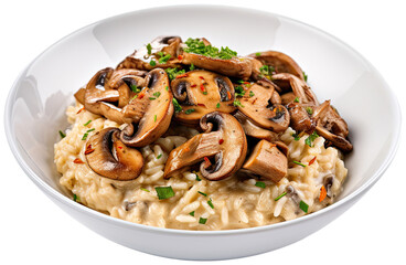 Mushroom Risotto: A creamy risotto prepared with mushrooms such as button mushrooms illustration PNG element cut out transparent isolated on white background ,PNG file ,artwork graphic design.