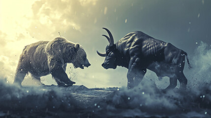 Bear and bull wrestling symbolizing fluctuating markets, AI Generated