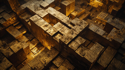 Bird's eye view of house-shaped labyrinth construction of gold bars, AI Generated