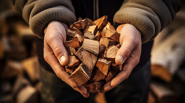 a man holds chopped firewood in his hands close-up.Generative AI