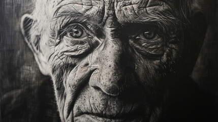 Grungy charcoal portrait of old man with intricate facial wrinkles, AI Generated