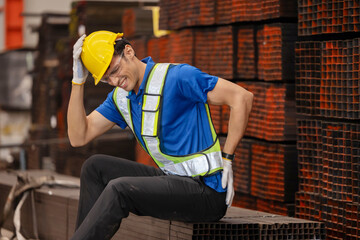 Male worker suffer from back pain from heavy steel factory work - obrazy, fototapety, plakaty