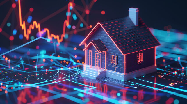 House interweaved with financial ledgers and stock market graphs, AI Generated