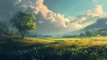 Peaceful landscape with hidden accounting symbols, AI Generated - obrazy, fototapety, plakaty