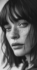 Black and white photography of a natural woman. She has some freckles and a short bob and bangs. She looks into the camera. Soft atmospheric scenes, powerful portraits.