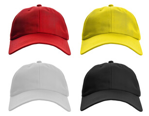 Red, yellow, white and black baseball cap mockup template isolated on white or transparent background. - obrazy, fototapety, plakaty