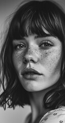 Black and white photography of a natural woman. She has some freckles and a short bob and bangs. She looks into the camera. Soft atmospheric scenes, powerful portraits.