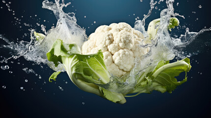 Smooth Fresh organic raw Cauliflowers Vegetables with leaf falling into water and splashes created with Generative AI Technology