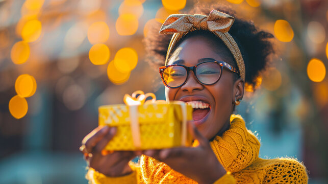 Gorgeous Woman With Bright Eyes And Beautiful Smile Holding Ornate Gift Box, AI Generated