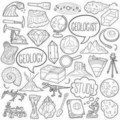 Geology Doodle Icons Black and White Line Art. Science Clipart Hand Drawn Symbol Design. - obrazy, fototapety, plakaty