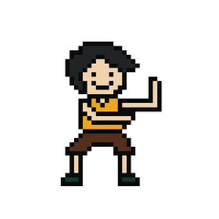 Obraz premium Cute pixel cartoon 8bit character man exercises training alone lifestyle vector for decoration life style 8 bit male boy exercise gym fitness warm up vector.