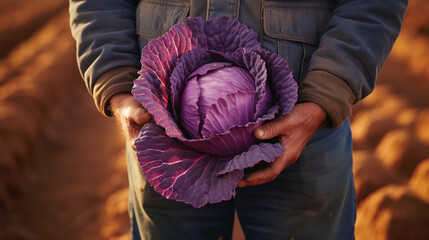 Close-up of a fresh head of red or blue cabbage in hands.Generative AI - obrazy, fototapety, plakaty