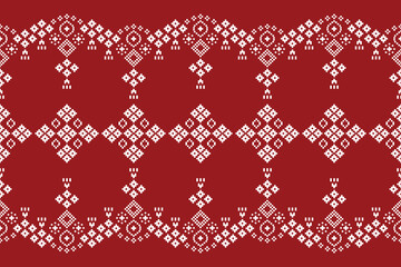 Ethnic geometric fabric pattern Cross Stitch.Ikat embroidery Ethnic oriental Pixel pattern red christmas day background. Abstract,vector,illustration. Texture,frame,decoration,motifs,silk wallpaper.