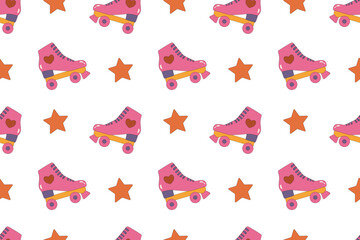 Seamless pattern with retro roller skates and stars. Cute 70s style ornament