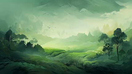 abstract green landscape idyllic scenery oil painting texture design. glade in forest surrounded by evergreen trees at dawn. nature environment travel saga concept background illustration. 