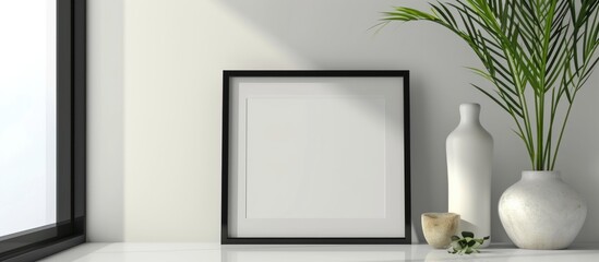 Black photo frame on shelf or table. Mockup with room for text.