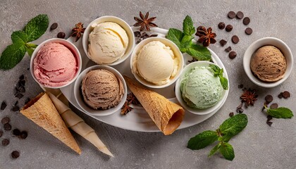 Fototapeta na wymiar Frozen Fantasy: Assorted Ice Cream Delights Crowned with Minty Elegance