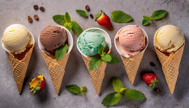 Scoop Fiesta: Colorful Ensemble of Ice Cream Flavors in Top-Down View