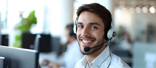 Charming, good-looking male call center worker.