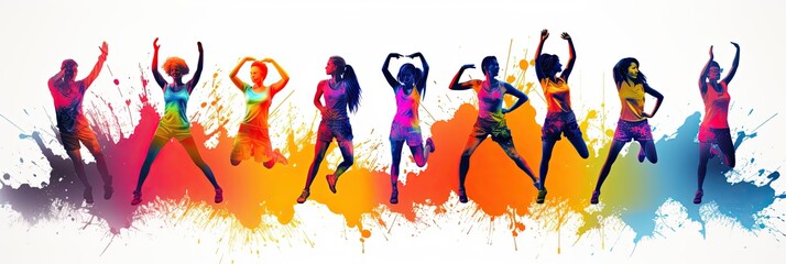 Image of a fitness class doing aerobics, group exercise banner - obrazy, fototapety, plakaty