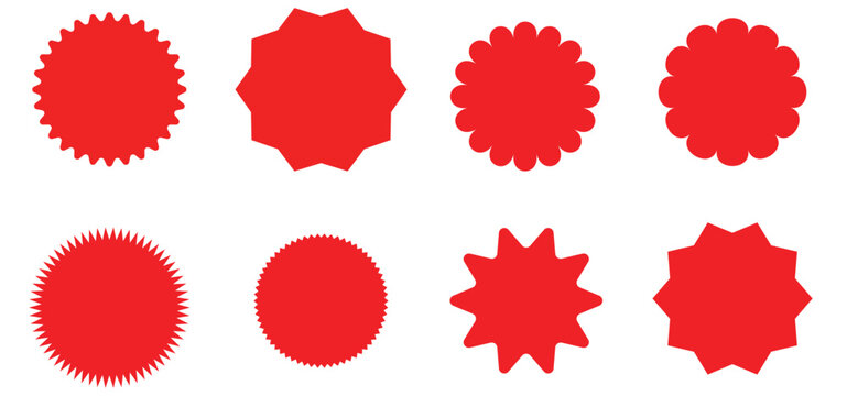 Red starburst and sunburst badge set . Sale sticker, price tag, quality mark. Flat starburst isolated on white background. Vector illustration
