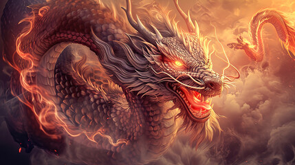 wallpaper of Chinese new year 2024 year of the dragon. Chinese zodiac symbol on dramatic fantasy background. Traditional Religion and culture of Chinese New Year festival celebration - obrazy, fototapety, plakaty