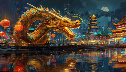 Obraz premium chinese new year golden dragon, generative ai