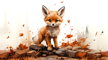 Colorful watercolor illustration of cute baby fox. Little fox in a natural environment.