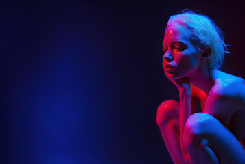 Nude young blonde woman in theatre pink spotlight, copy space on dark blue background