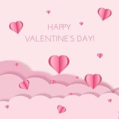 Valentine's Day card with pink sky and paper cut style. Place for text editable. Happy Valentine's day  template with hearts, banner, cover, poster, flyer. pink color, pastel