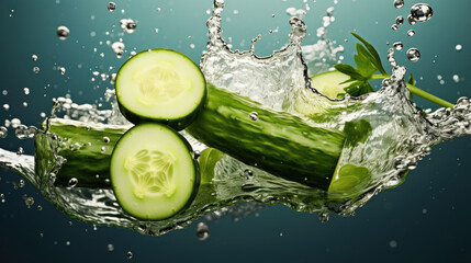Smooth Fresh organic slices raw green Cucumber Vegetables falling into water and splashes