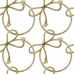 Seamless pattern watercolor Rope knot round ropes, rounded borders, decorative circles of marine cable frame with bow knots. Endless loop illustration. Nautical twisted knot circle on white background