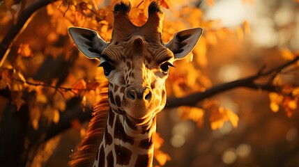 Giraffe in autumn forest, looking at camera with nature portrait generative ai