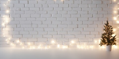 Christmas background featuring bright lights on a white brick wall.