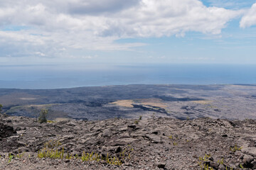 View of the stunning landscape from the Kilauea Iki Volcano crater hike, Volcanoes National Park in Big Island Hawaii
