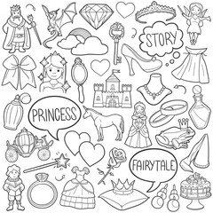 Princess Doodle Icons Black and White Line Art. Fairytale Clipart Hand Drawn Symbol Design.