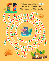 Maze for kids. Activity and Education. Puzzle game for children. Cute cartoon characters. Follow the pattern to help the kids find the jaguar in the jungle. Vector illustration. 